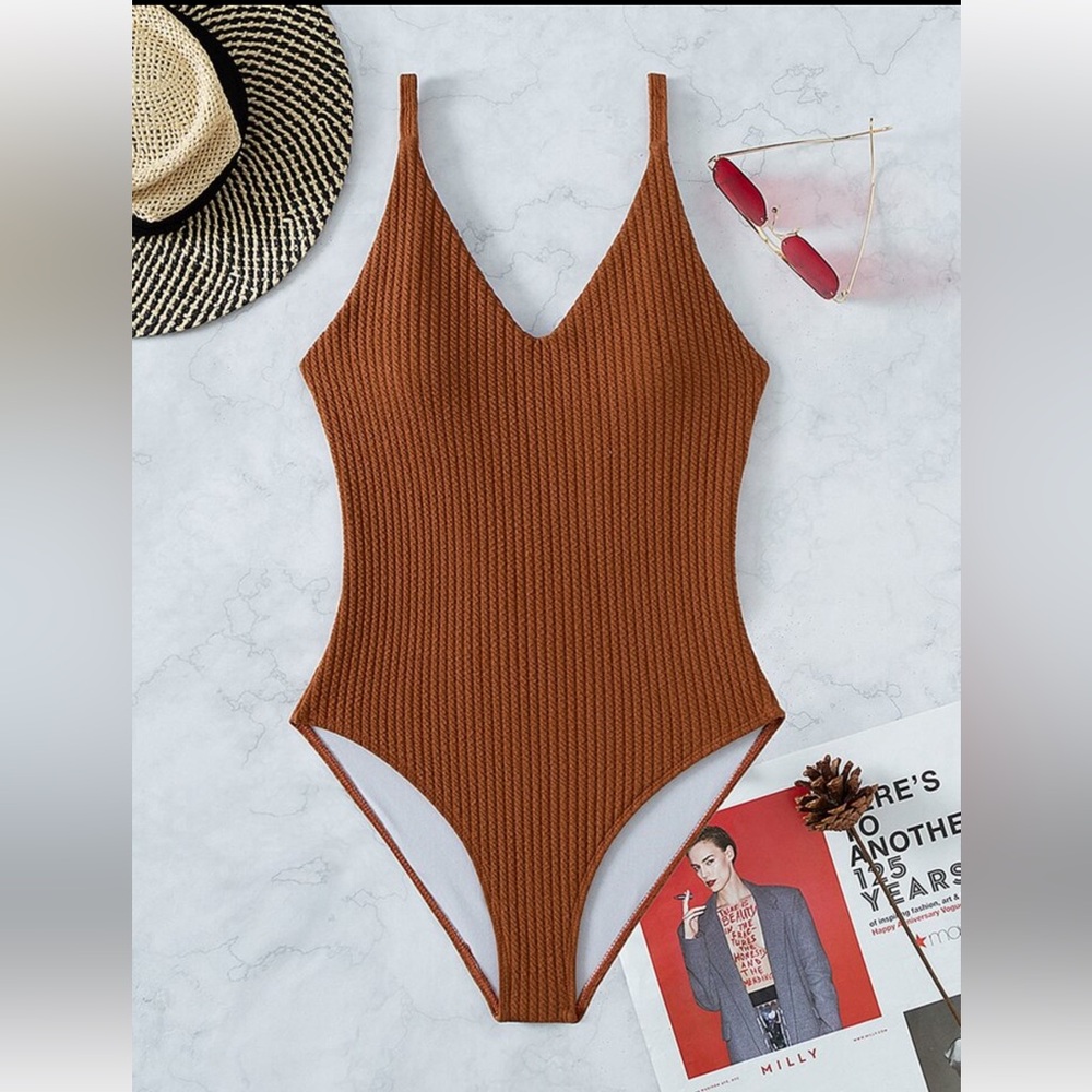 Persimmon Ribbed V-Neck One-Piece Swimsuit - Brown